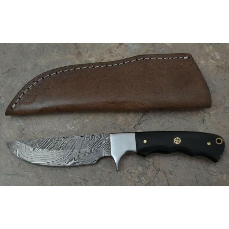 Hiking damascus steel knife sharp hand: Materials: damask steel, bull horn, leather. Blade hardness â€“ 56-58 HRC Total length â€“ 228 mm. Blade length â€“ 114 mm. Handle length â€“ 114 mm Blade Butt Thickness â€“ 3