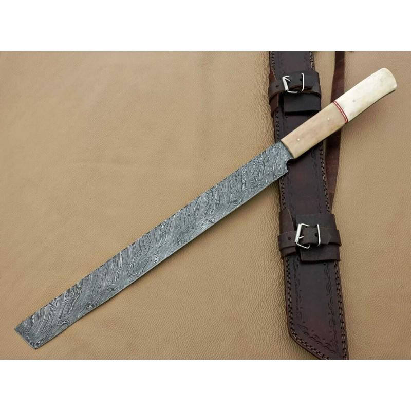 Handmade exclusive damascus steel sword work camel bone: Blade - damask steel Â· Handle - camel bone Â· Scabbard - leather (included) Â· Blade hardness â€“ 58-60 HRÐ¡ Â· Total length â€“ 686 mm. Â· Blade length - 482 mm. Â· Handle le