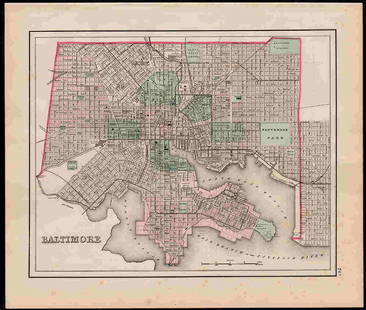 Great vintage map of Baltimore by Ormando Gray, 1875: Early hand-colored plan of the City of Baltimore shows all 20 wards color coded and indicated by number. Rail lines plotted where they run through the city. Fort McHenry clearly depicted. Shows town