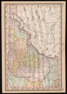 1882 RR map of Idaho by Rand McNally: From a very early Rand McNally Indexed atlas comes this striking and colorful double-page map of Idaho. Extremely detailed topographical features provide a wealth of information on this map.