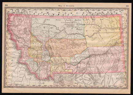 Excellent early Map of Montana, McNally 1882: Gorgeous and uncommon double-page, full-color map of Montana from an early Rand McNally atlas. Numerous references to the booming mining industry are evident, including locations of mines. Blackfeet