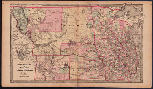 Rare Walling's RR map of Upper Mississippi, 1868: This rare map of the mid-continent is most noteworthy for its unusual configuration of Dakota Territory, pre-dating the formation of Wyoming. The map includes early appearances of Colorado Territory