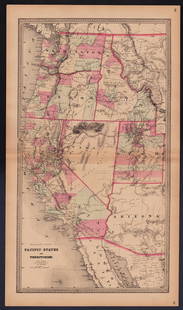 Scarce Walling's map of Pacific States and: Walling's Atlas Pacific States and Territories, published 1872 by H. H. Lloyd. Scarce and highly informative map shows the states of Oregon, California and Nevada, and the territories of Washington