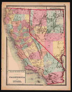 Scarce hand-colored map of California and Nevada (1872): An excellent and quite scarce early map from H. H. Lloydâ€™s â€œAtlas of the United States.” Lloyd's Atlas of the United States was never issued as a separate Atlas. Its only