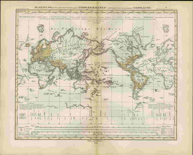 Rare 1st ed. 1846 Indo-German map of the world: World map in color showing the distribution of Indo-Germanic people throughout the globe. Map accompanied by charts. From the first comprehensive physical atlas of the world. This map comes from the