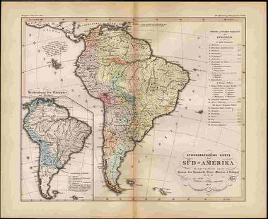 Rare 1st ed. map of South America, Perthes 1847: Full color ethnographic map of South America. Includes an inset map of the distribution of European languages throughout the continent. From the rare 1845/48 first edition/first state of