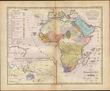 Rare 1st ed. map of Africa, Perthes 1845: Full color map of Africa by ethnography. With an inset map of Australia, Polynesia, and the Pacific Islands. From the rare 1845/48 first edition/first state of â€œPhysikalischer Atlas oder Sammlun