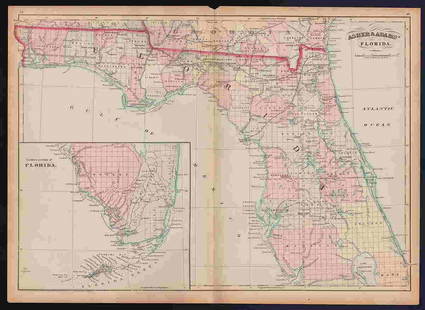 Scarce Asher & Adams RR map of Florida, 1874: Beautiful and scarce hand colored map of Florida done in the unique Asher & Adams style. All railroad linesâ€”both existing and proposedâ€”shown. Large 2-page map. Asher & Adams produced one