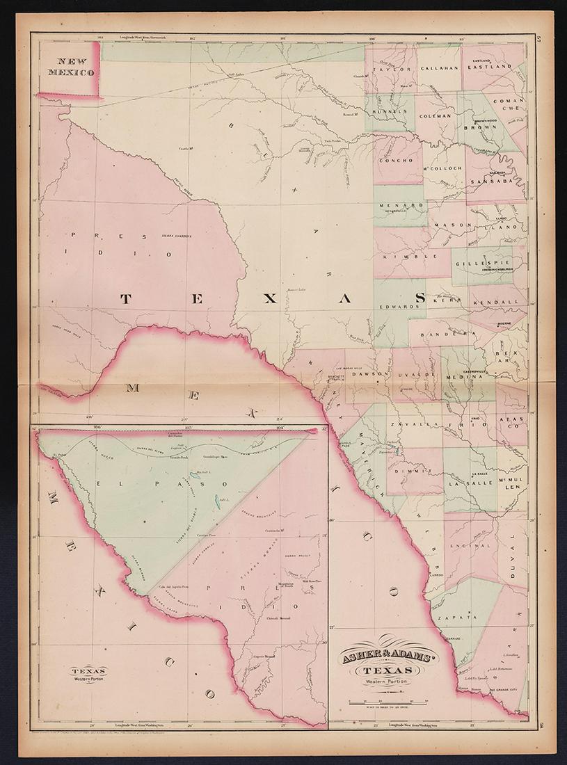 Scarce Texas map (western part) from Asher & Adams (1 of 5)