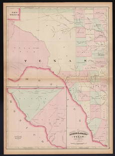 Scarce Texas map (western part) from Asher & Adams: Large double-page map of Western Portion of Texas with inset of extreme western tip of the state. Shows towns, proposed railroad lines and river, including the Colorado River and the Rio Grande. The f