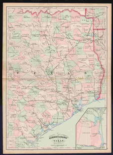 Scarce Texas map (eastern part) from Asher & Adams,: County map of Eastern Texas extends from Louisiana west to beyond San Antonio and features the railroad system of that time. Features numerous railroads still in their infancy, along with proposed fut