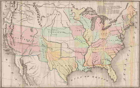 Scarce Tables Map by Gilman, 1848: Important and uncommon map drawn on short notice in the 1840s by Ephraim Gilman, then the principal draftsman of the General Land Office. Gilmanâ€™s map depicts the United States as a