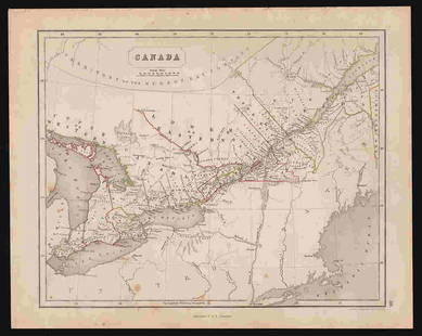 1850s Chambers map of Canada: Engraved map simply titled â€œCanada” by J. Gellatly and published 1858 by W. & R. Chambers. Map shows Canada from about the western shore of Lake Huron to the eastern border of Maine.