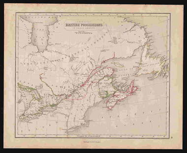 1850s map of British North America, W & R Chambers: Engraved map titled â€œPrincipal British Possessions in North America.&rdquo; Nova Scotia, New Brunswick, Lower Canada and Upper Canada are marked in original outline hand color. Above this stretc