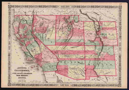 Scarce Johnson map of the Great Western states, 1864: Antique map of California, Nevada, Utah, Colorado, New Mexico, and Arizona. Published during a great time of expansion and change in the U.S. West, as well as during the Civil War. Here Utah displays