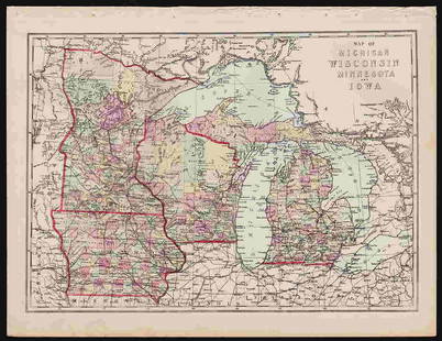 Scarce map of the Upper Midwest by J. David Williams: Scarce regional map of the Upper Midwest and Iowa, hand colored by counties at the time of publishing. Shows railroad lines, towns, mountains, rivers, and more. This map shares a long-running