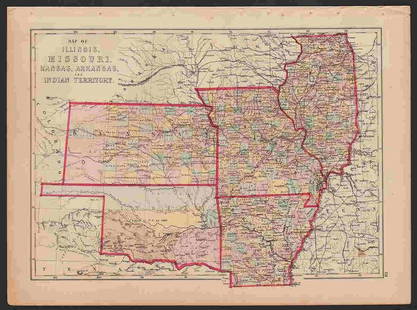 Scarce map of Indian Terr., Kansas, Missouri, Illinois: Scarce map of a cross section of American states and hand-colored by county at the time of publishing. Shows Oklahoma Territory when it was inhabited mostly by Native American tribes. Shows forts, rai