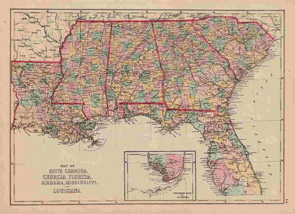 Scarce vintage map of the Deep South, 1875: J. David Williamsâ€™ map of southern states from the very scarce Jones & Hamilton Atlas of the World Illustrated. Shows the six states that comprise the extreme southeastern United States.