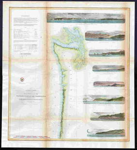 Beautiful northern West Coast of U. S. map, 1855: Large, vintage map of the western coast of the United States, with eight professionally hand-colored vignettes. â€œReconnaissance of the West Coast of the United States (Northern Sheet). From