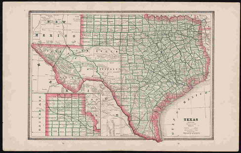 Clean 1883 RR map of Texas, Geo. F. Cram: Interesting cerographic map of Texas from Cramâ€™s Unrivaled Family Atlas of the World. Predates subdivision of Tom Green, Pecos, Crockett and Presidio Counties. Shows rail system throughout stat