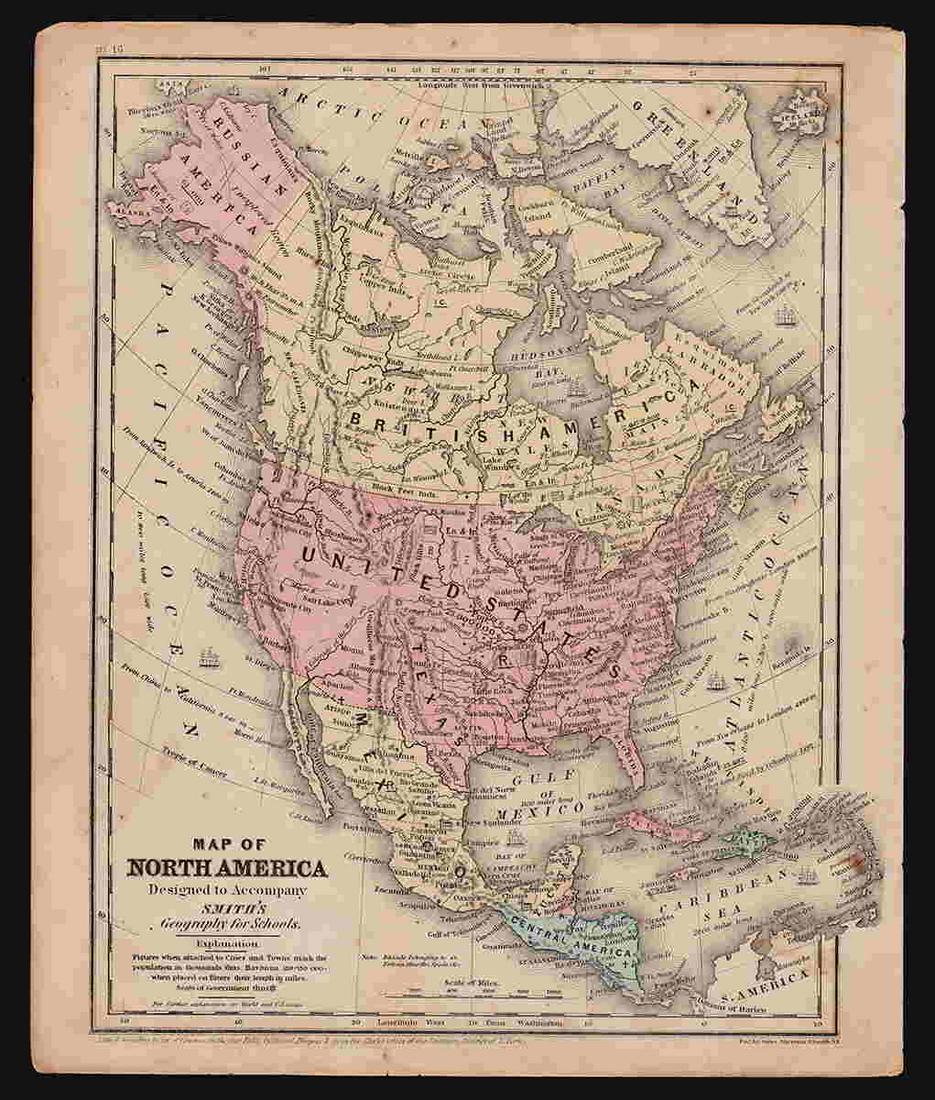 1853 map of North America, Roswell C. Smith: School map of the North American continent when Canada was still known as British America and Alaska was Russian America. Full, original hand coloring. â€œMap of North America” by Roswell C.