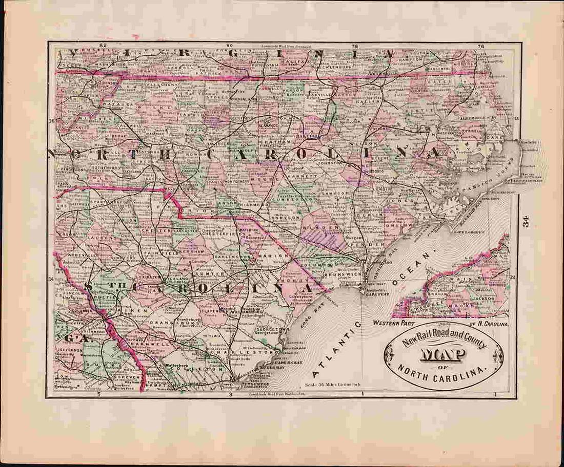 Scarce early Cram RR map of North Carolina (1 of 4)