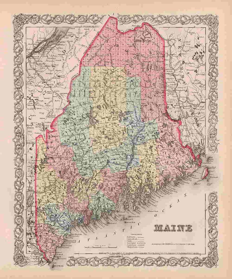 Large format map of Maine - Colton 1853: Impressive hand colored map of Maine from an early Colton atlas. With 1853 copyright date, and from the 1856 edition of Coltonâ€™s General Atlas. A wonderful find. Tiniest bit of toning to extrem