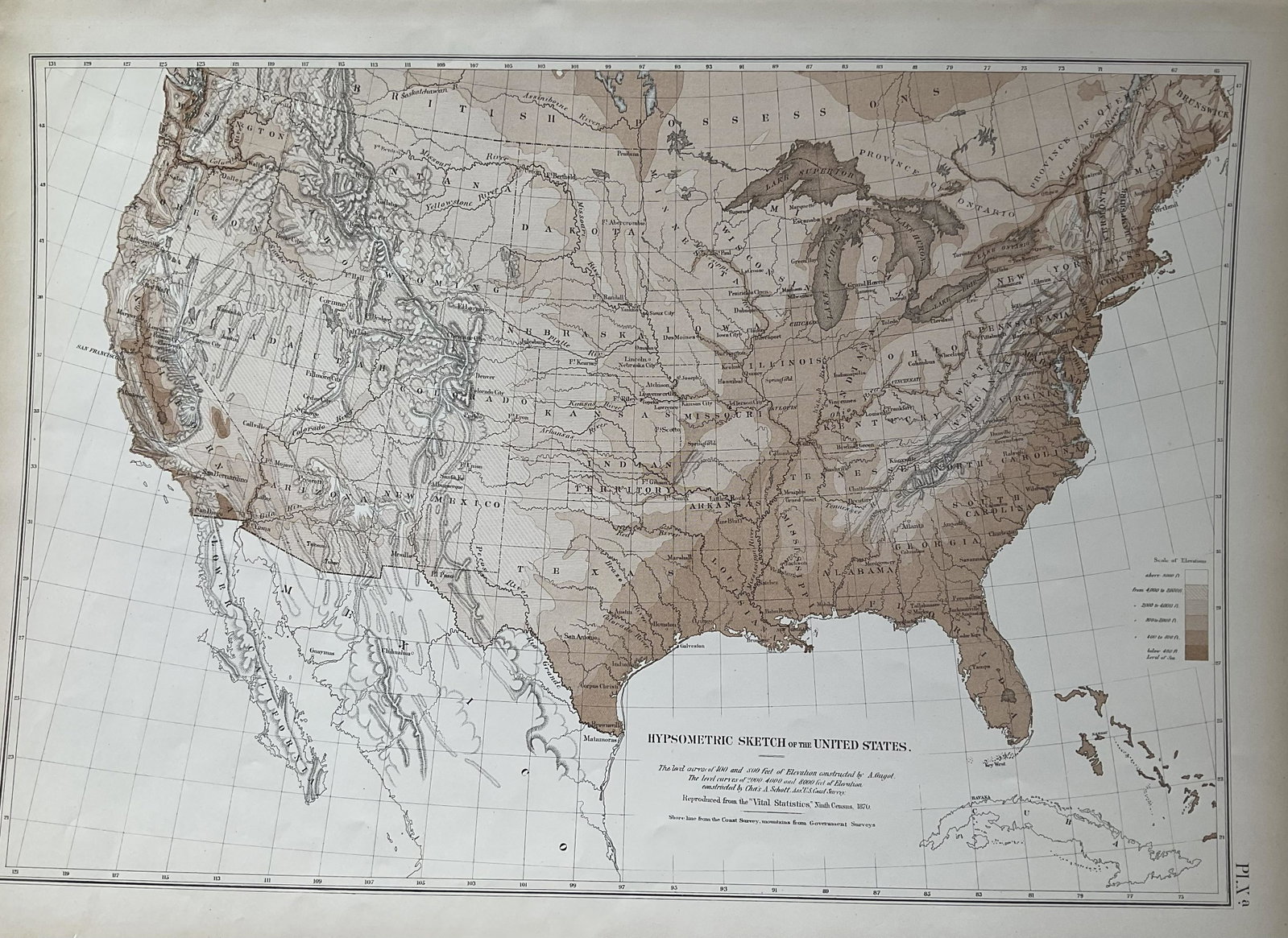 Hypsometric sketch of the United States. 1874. By: Title: Hypsometric sketch of the United States. 1874. By Francis Walker Date/Period: 1874 Materials: Color Lithographie printing Size: 17x21" 1874, First Statistical atlas of the US, by Franeis Walker
