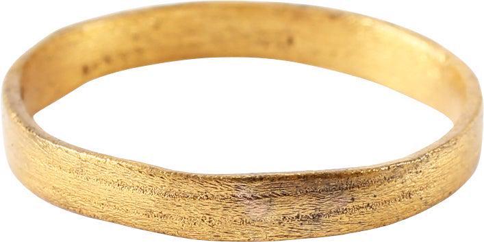 VIKING WEDDING RING, 10TH-11TH CENTURY AD: Size 9. Gilt bronze. 3.0mm width band engraved with two shallow lines. Surface lightly textured from burial. Professionally refurbished with the 24karat gold overlay restored, Gift boxed with a certif