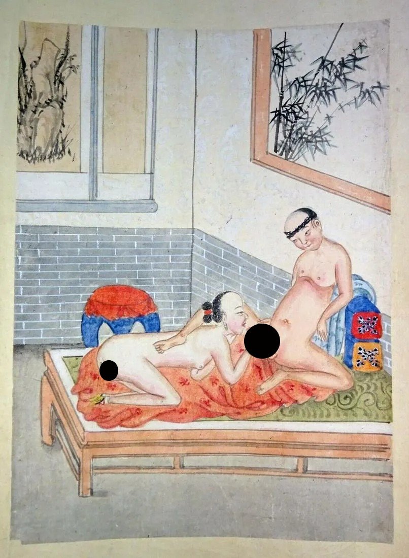 19C Chinese Erotic Shunga Pillow Paintings (SoM)#3: Item: Up for sale from a recent estate in Honolulu Hawaii, this original 19th century Chinese Qing (after Qianlong) color pillow painting that may have been used like a erotic manual for a newly marri