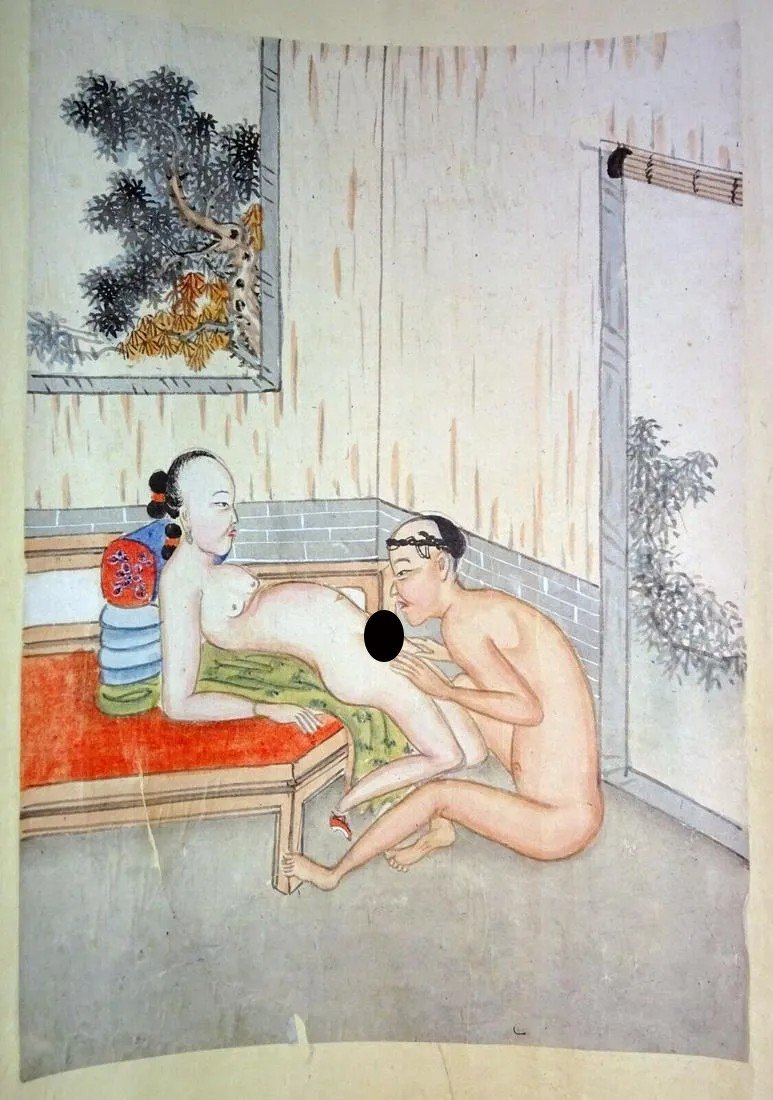 19C Chinese Erotic Pillow Shunga Paintings (SoM)#1: Item: Up for sale from a recent estate in Honolulu Hawaii, this original 19th century Chinese Qing (after Qianlong) color pillow painting that may have been used like a erotic manual for a newly marri