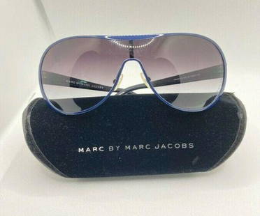 Marc Jacobs Blue Mono Lense Sunglasses: Title:Marc Jacobs Blue Mono Lense Sunglasses Description: Pre-owned Marc by Marc Jacobs Blue frame shield sunglasses Minor wear to arms Scratching at bridge of nose Comes with original case Good used