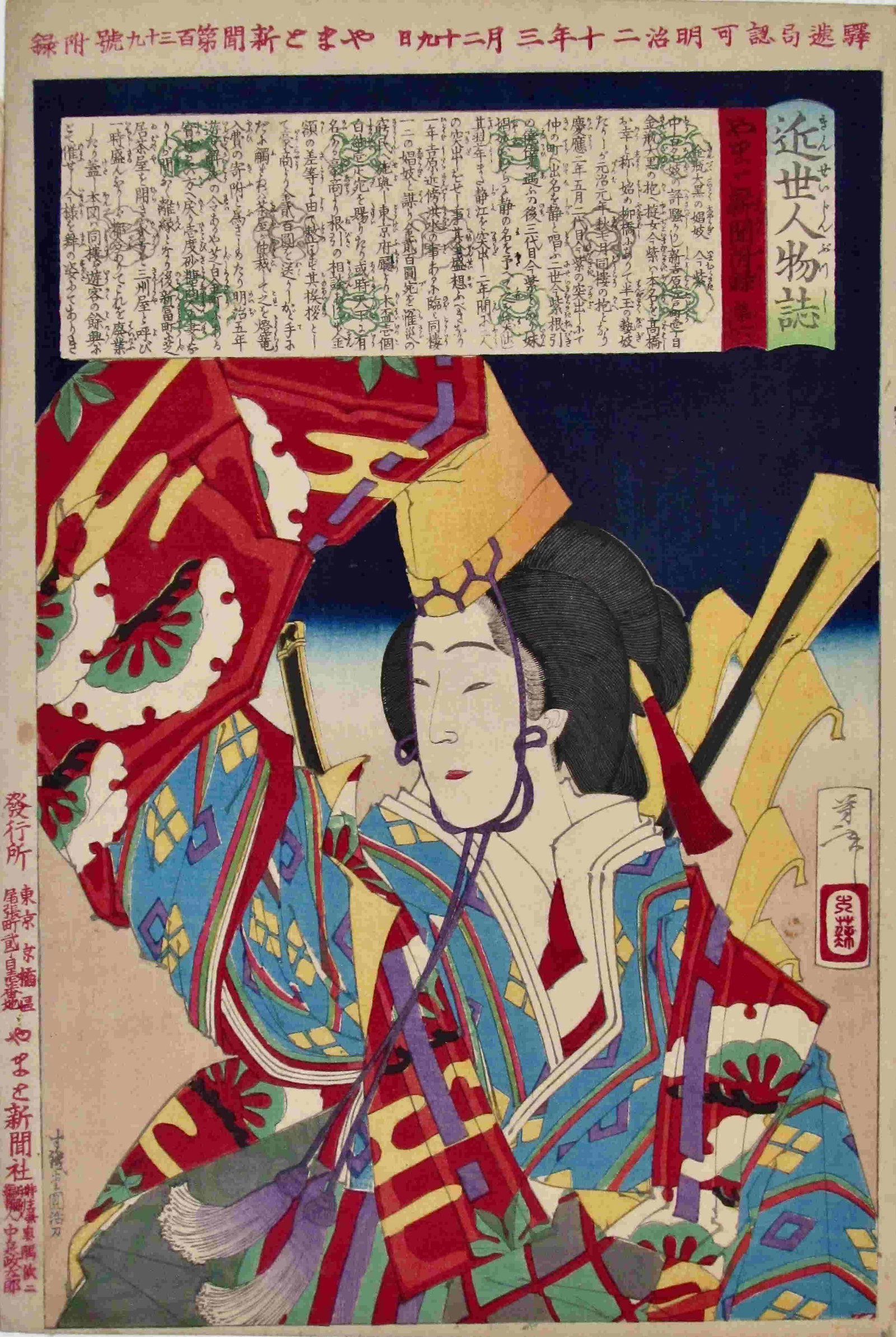 Yoshitoshi: Imamurasaki of the Kimei Daikiku: Artist: Taiso YOSHITOSHI (1839-1892) Subject: Imamurasaki, a courtesan of the Kimpei Daikiku house Series: Kinsei Jinbutsu Shi (Personalities of Recent Times) Publisher: Yamato Shinbunsha Signature: Y