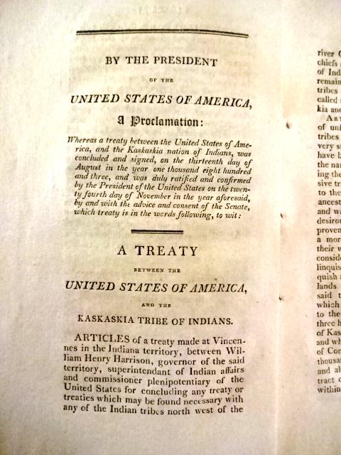1803 Thomas Jefferson Indian Treaties: An extract containing two treaties between the United States and Indian tribes, during the presidency of Thomas Jefferson who signs in type. The treaties between the Kaskasia Indians and the Delawares