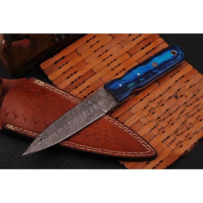 Exclusive hiking work hunting damascus steel knife wood: Blade - damask steel Handle â€“ wood Leather sheath â€“ included Blade hardness â€“ 55-58 HRC Total length â€“ 9 (inch) Blade length - 4,5 (inch) Blade Thickness â€“ 3-4 mm Kn