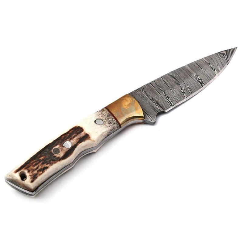 Everyday carry damascus steel hunting hiking knife horn: Knife "Clove" made of damask steel. Handle – horn, brass and scabbard - genuine leather. Damascus knives are very durable, look great and keep sharpness perfectly. Damascus steel has high qualit