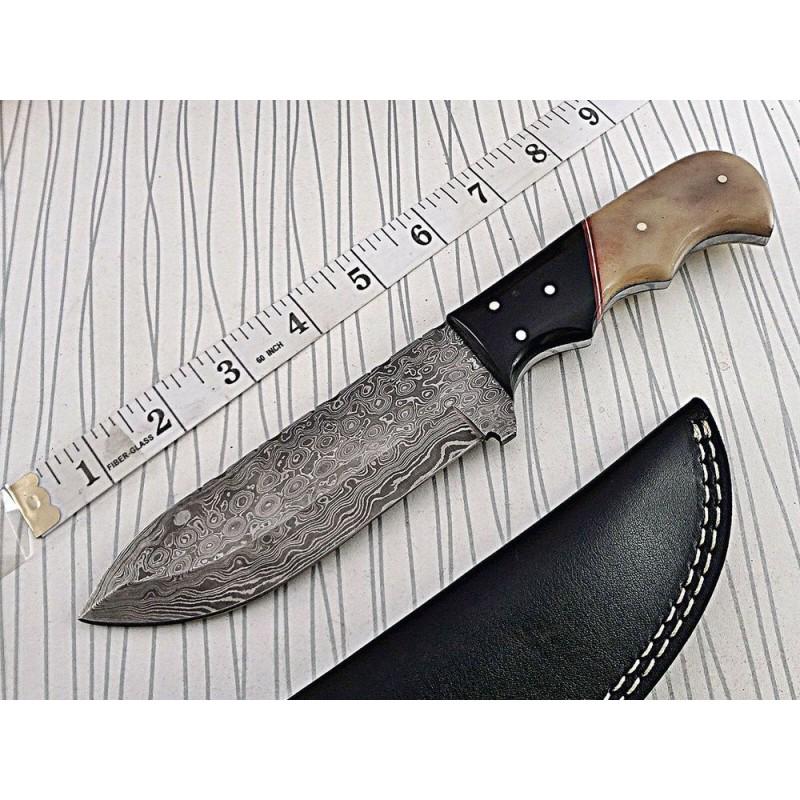 Handmade hiking everyday carry damascus steel knife: Knife "Honey" made of damask steel. Handle â€“ bull horn, camel bone, red fiber and scabbard - genuine leather. Damascus knives are very durable, look great and keep sharpness perfectly. Damascus