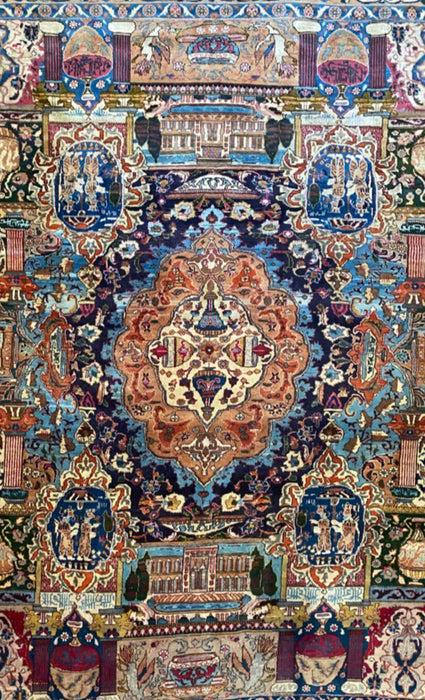 1940 Signed Turkish Antique Pictorial Archeological: Rug ID: 1243 Origin: Turkish Antique Type: Area rug Woven:Hand Knotted Size: 12’x10’ Highlight Colors: red , light&dark blue ,green Design: pictorial archeological Kashmar Knot Dens