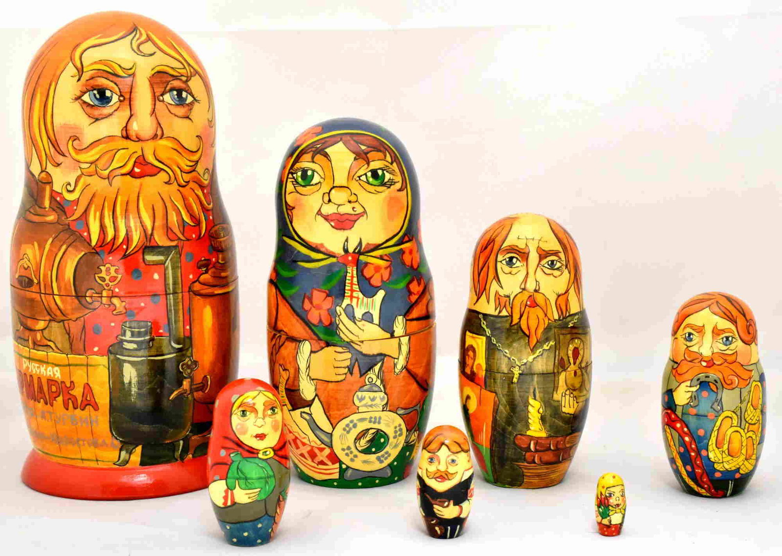 Matreshka: Matreshka “Russian fair”. Traditional russian wooden nesting doll. Handmade, handpainted, 7 pcs. Dimensions; 10 × 22 cm Reserve: $140.00 Shipping: Domestic: Flat-rate of $40.00 to any