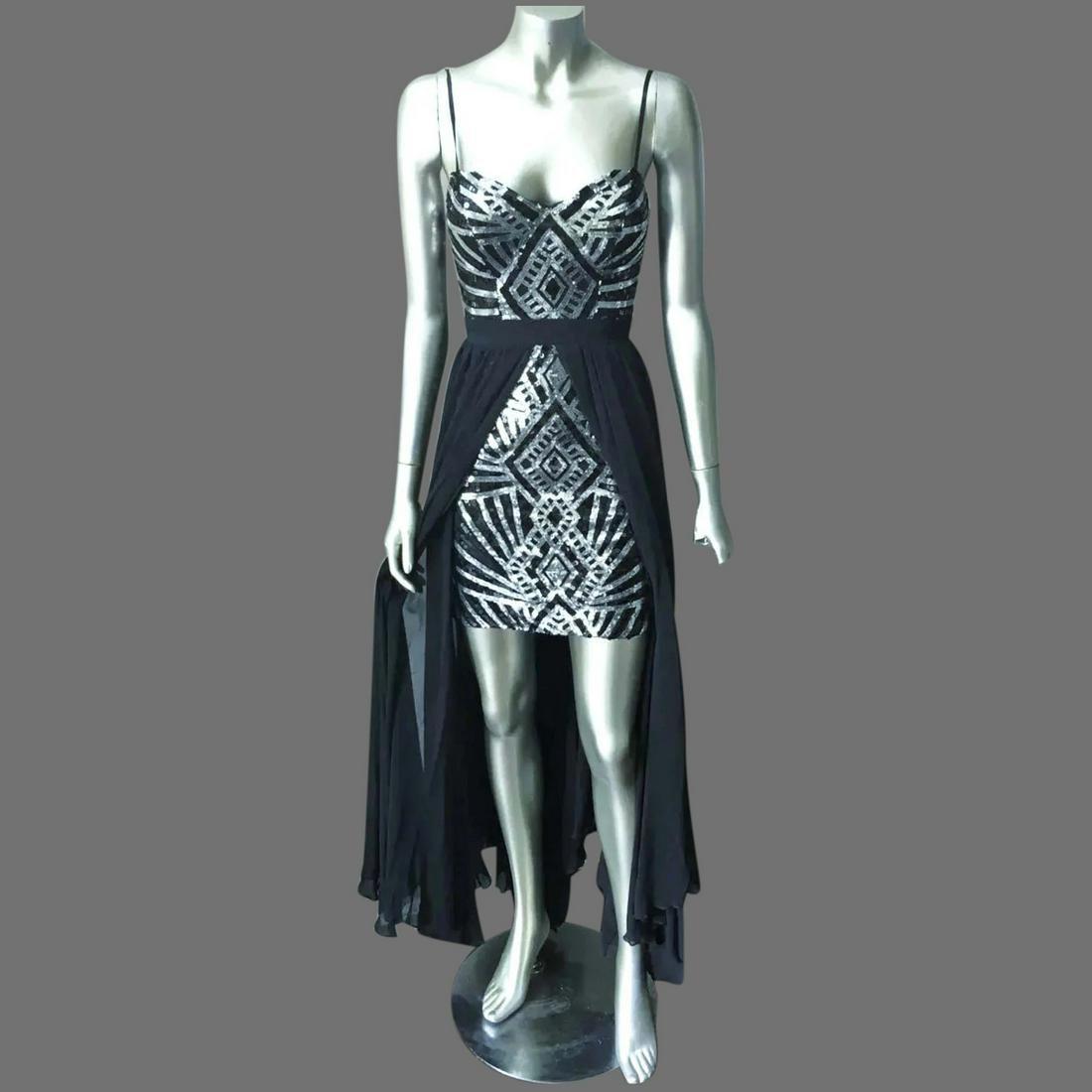 Vtg Sequin Body Con Chiffon train silver Runway dress (1 of 5)