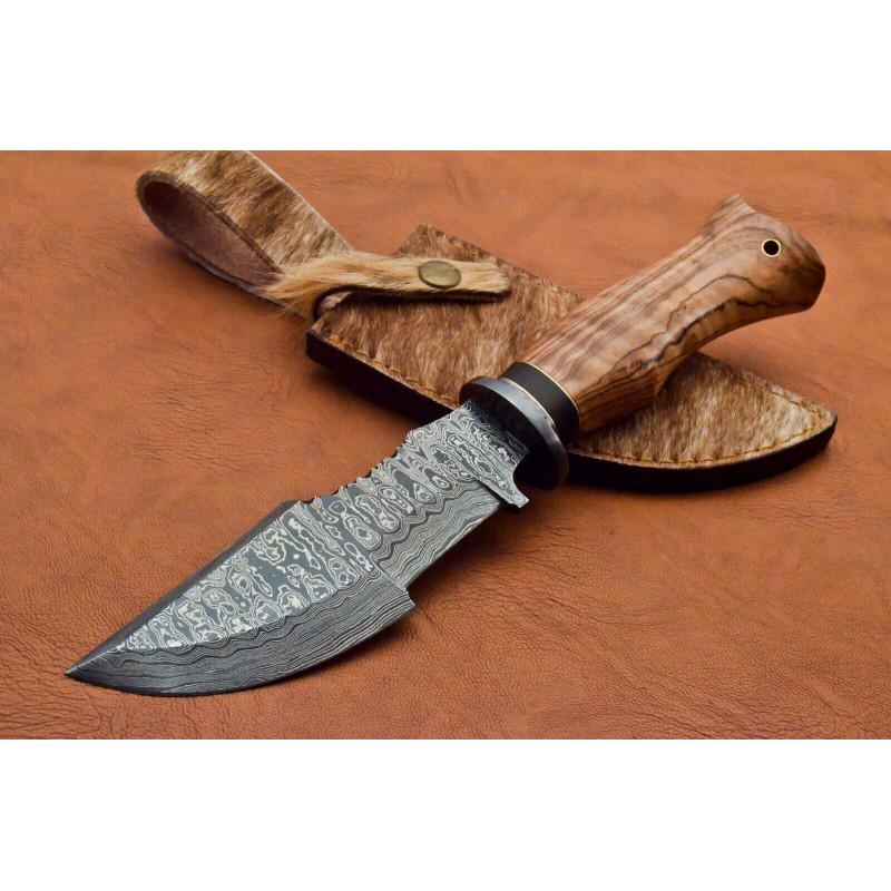 Full tang hunting hiking damascus steel knife wood: Blade - damask steel Handle â€“ olive wood Leather sheath â€“ included Blade hardness â€“ 55-58 HRC Total length â€“ 11 (inch) Blade length - 5 (inch) Blade Thickness â€“ 3-4