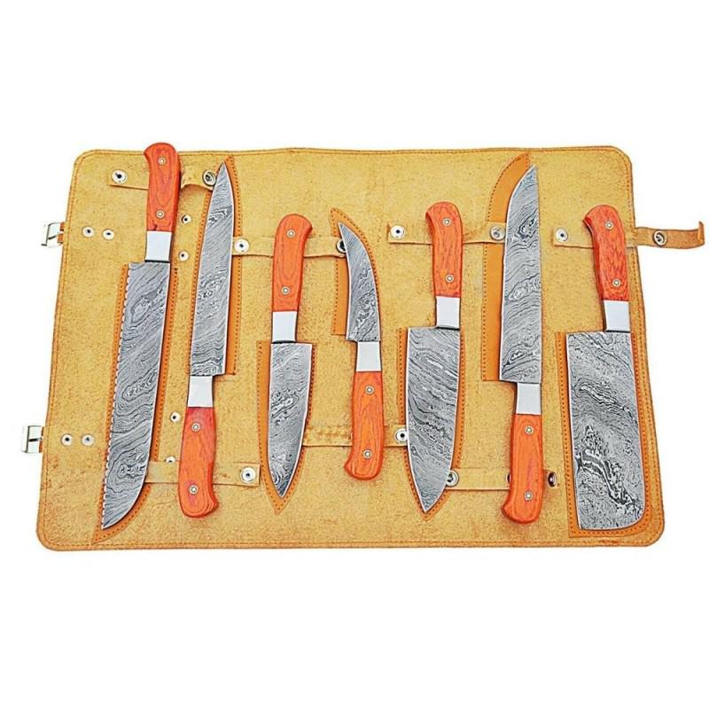 Set 7 kitchen chef bowie damascus steel knives wood (1 of 3)