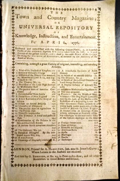 1776 Magazine Revolutionary War: The April 1776 issue of "The Town and Country Magazine", printed at London, 56 pages and one engraved plate of the court for trying the Duchess of Kingston. Revolutionary war content including on pres