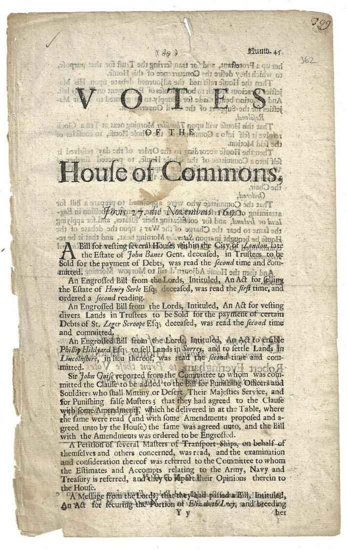 1690 Newspaper Votes of House of Commons (1 of 2)