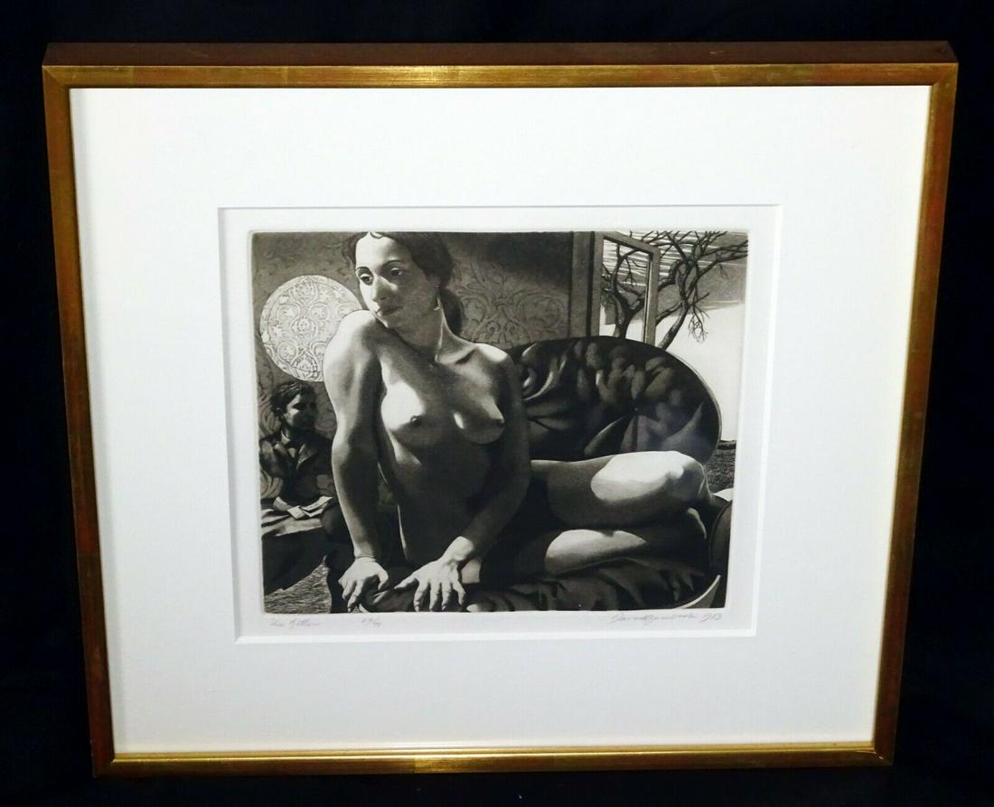 83 US Print "The Letter" Female Nude by David Bumbeck: Up for sale from a recent client in Honolulu Hawaii, this 1983 Vintage US framed limited edition 24/40 etching print that is titled "The Letter" depicting a seated female nude figure in a interior and