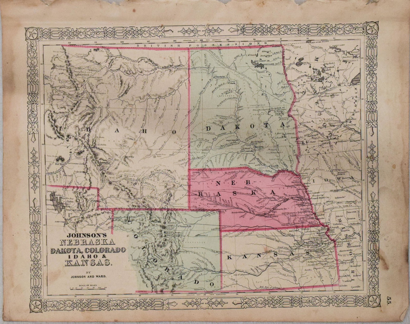 1864 Johnson Map of Nebraska, Dakotas, Idaho and Kansas: Title: 1864 Johnson Map of Nebraska, Dakotas, Idaho and Kansas -- Johnson's Nebraska, Dakota, Colorado, Idaho, Kansas Cartographer: Johnson & Ward Year / Place: 1864, New York Map Dimension (in.): 12.