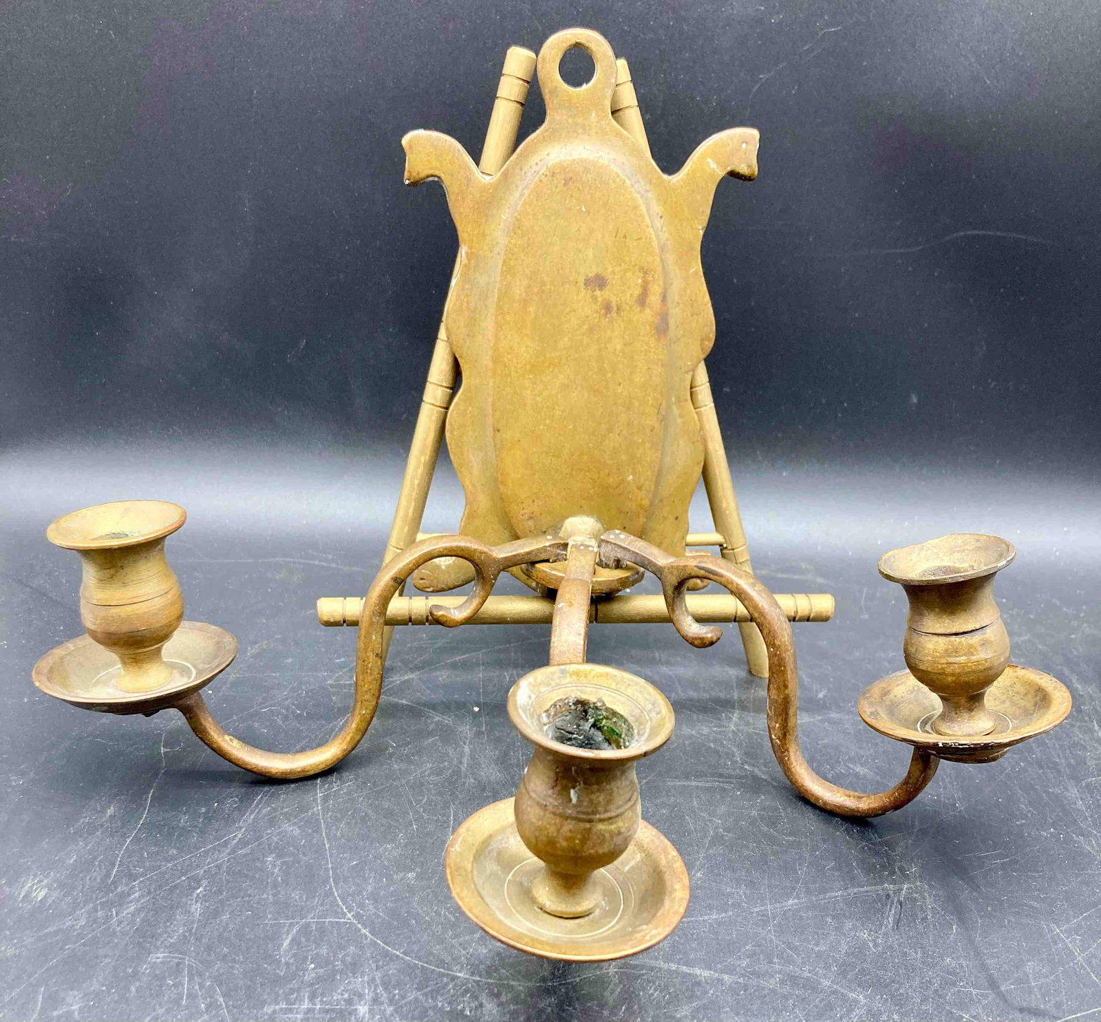 HAND WROUGHT 3 CANDLE BRASS SCONCE (1 of 8)