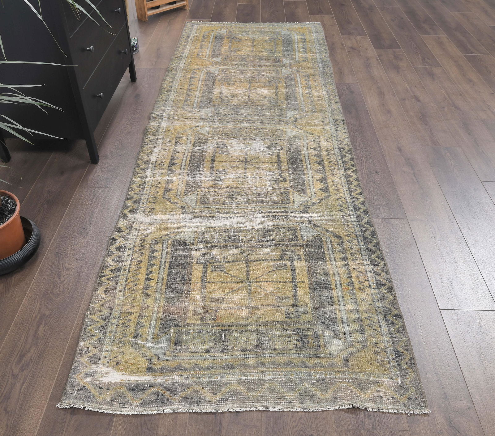 3x10 Turkish Antique Runner, Oushak Handmade Wool Rug,: This Turkish one-of-a-kind ANTIQUE runner rug is hand-knotted and handwoven by the most skilled artisans who use pure wool, in muted, natural tones, and stylish, geometric design in Yellow Color. It i