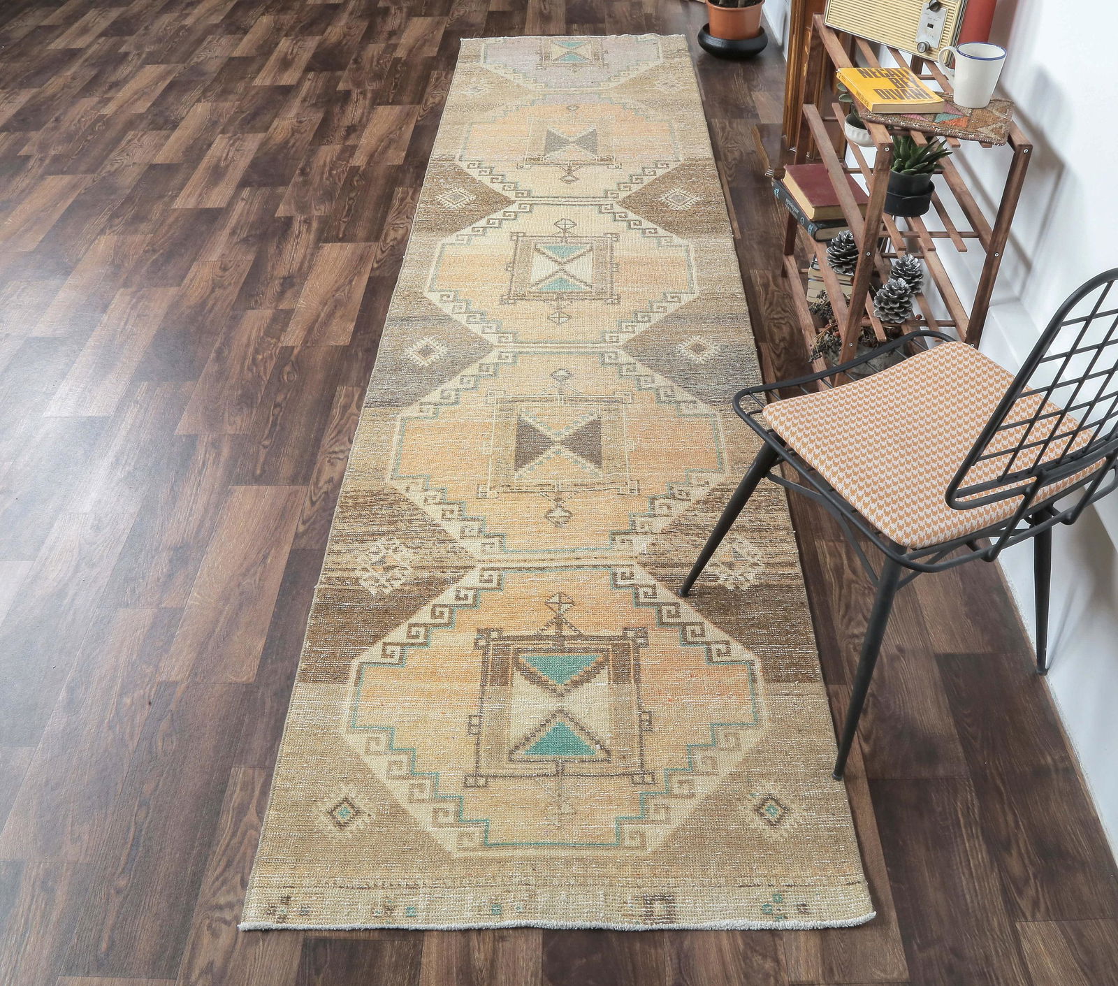 3x12 Turkish Antique Runner, Oushak Handmade Wool Rug,: This Turkish one-of-a-kind ANTIQUE runner rug is hand-knotted and handwoven by the most skilled artisans who use pure wool, in faded, natural tones, and stylish, Geometric design in Neutral Orange Col