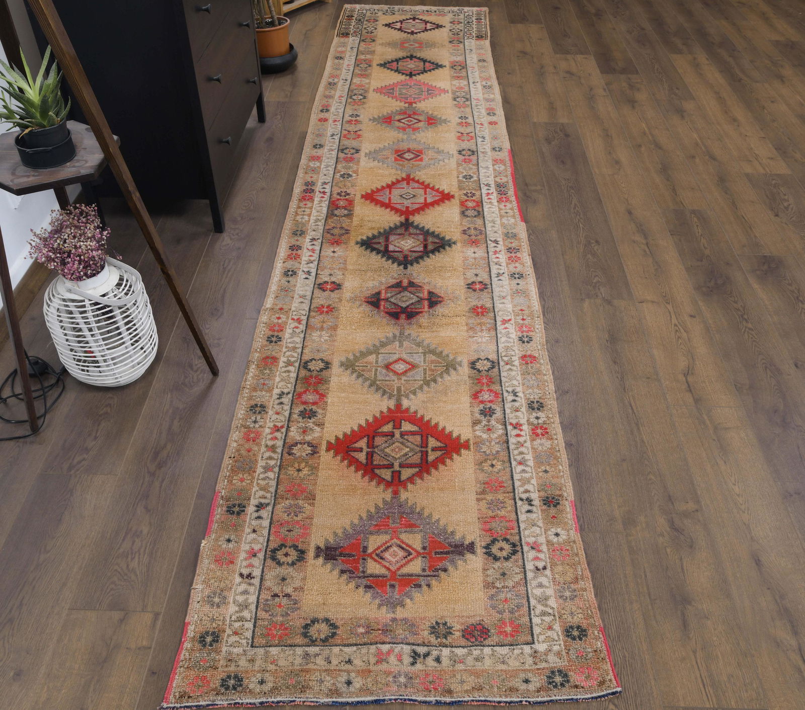3x13 Turkish Antique Runner, Oushak Handmade Wool Rug,: This Turkish one-of-a-kind ANTIQUE runner rug is hand-knotted and handwoven by the most skilled artisans who use pure wool, in faded, natural tones, and stylish, Geometric design in Neutral Orange Col